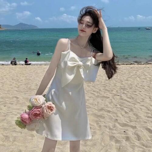 Summer Womens Dress Sweet Bow Backless V-neck Spaghetti Strap Beach Dresses Sleeveless Mini Dress Birthday Dress for Women