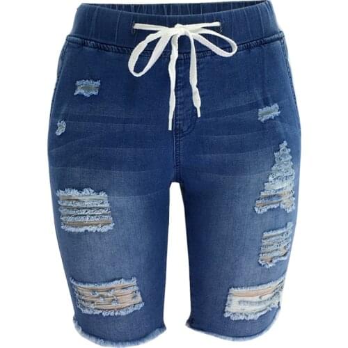 Summer Ripped Boyfriend Jeans for Women Sexy Hole Mid Waist Lace Up Short Jeans Women Knee Length Plus Size Jeans