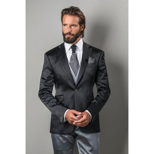 2017 Latest Coat Pant Design Black Satin Italian Men Suit Slim Fit 3 Piece Tuxedo Custom Groom Blazer Prom Suits Terno Masuclino