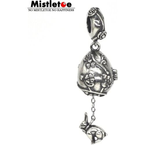 Mistletoe 925 Sterling Silver Easter eggs Rabbit Dangle Charm European Jewelry