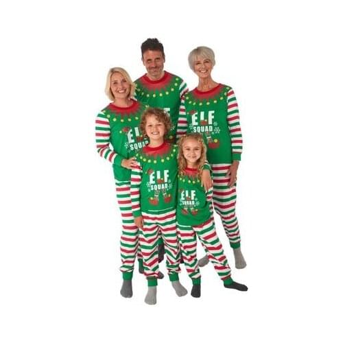 Autumn Green Christmas Family Matching Set Striped Christmas Day Party Dress Letter Printing Home Wear Pajamas Parent-child Wear
