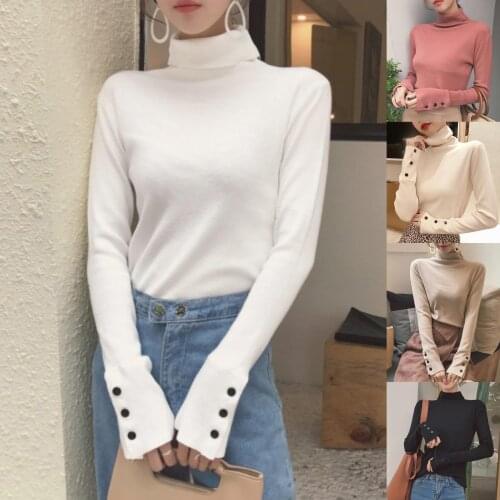 Autumn Women Long Sleeve Turtle Neck Buttons Cuff Knitwear Pullover Slim Blouse Base Bottoming office Shirts For Women Clothing