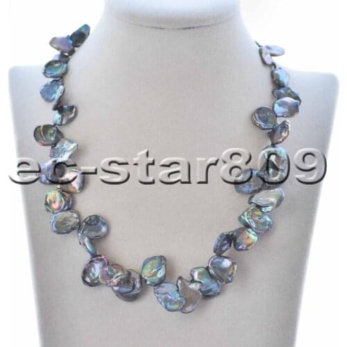 P7041 17" 16mm Peacock-Black Slice Keshi Pearl Choker Necklace