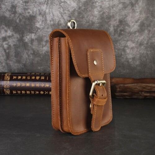 Crazy Horse Cow Leather Mens Waist Bag Genuine Leather Travel small Fanny Pack Belt Loops Hip Bum Bag Male Phone Pouch