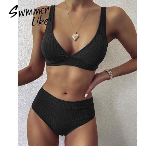 Ribbed swimsuit women High waist bikini 2020 Sports swimwear female Bandeau biquini V-neck swim suit Sexy bathing suit summer
