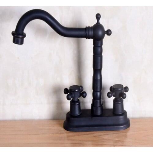 Black Oil Rubbed Bronze 4" Centerset Bathroom Two Holes Basin Faucet Sink Mixer Tap Swivel Spout Double Cross Handles mnf148