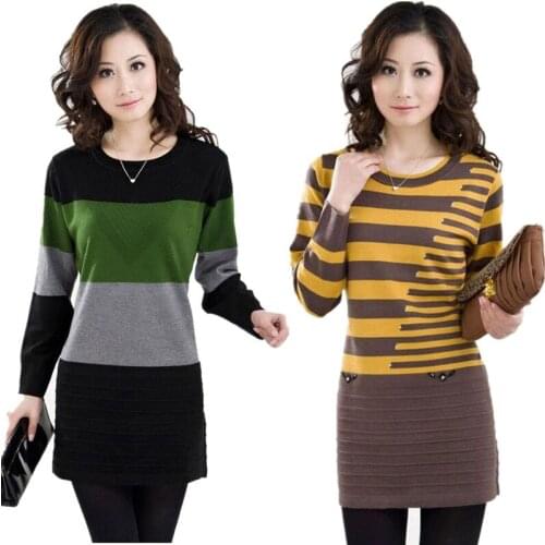 2021 Autumn Winter Women Knitting Sweater Fashion Stitching Striped O neck Pullover Long Sweaters Female Casual Bottoming shirt