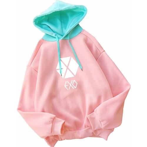 EXO Hoodies Sweatshirt Women Korean Kpop Pullover Streetwear Casual Fleece Pink Green Spell Color Splicing Sudadera Mujer Hooded