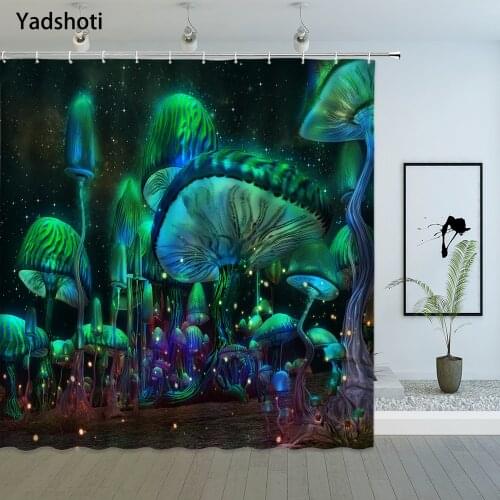 Dream Mushroom Shower Curtains Elves Plant Garden Starry Night Scene Pattern Bathroom Polyester Cloth Hanging Curtain Set