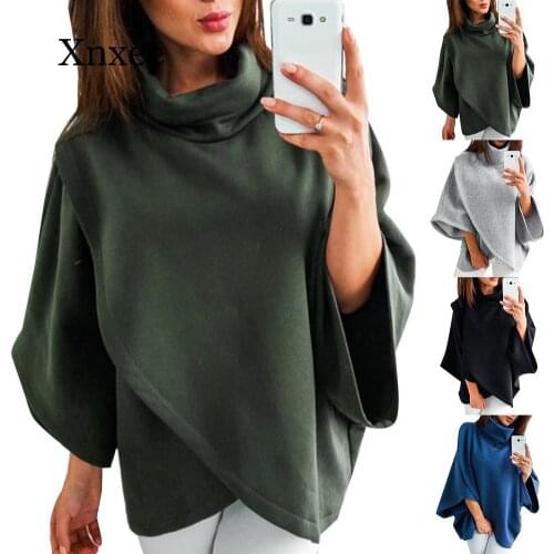 Army Green Women Batwing Sleeve Turtleneck Solid Color Cloak Irregular Pullover Blouse Top Polyester Spandex Womens Blouse