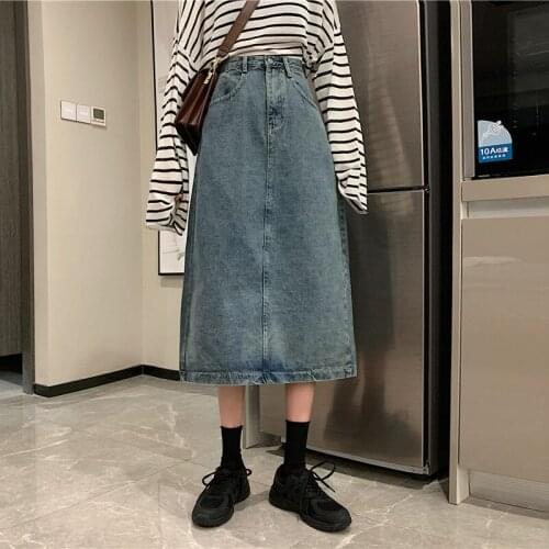Spring Autumn New Retro Black Skirt Women Streetwear High Waist Split Slim Denim Skirt Mid calf A Line long Jean Skirt