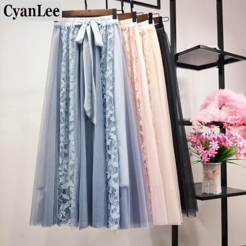Cyanlee Summer Skirt Women High Elastic Waist Bow Tie Midi Skirts Lace Splice Solid Bridesmaids Pleated Tutu Skirt Faldas Mujer