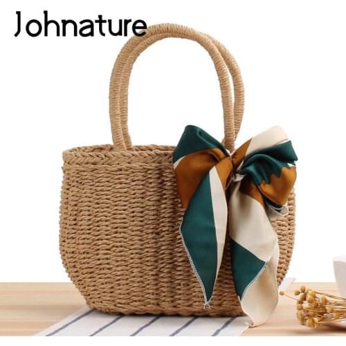 Johnature Handmade Straw Bag 2021 Summer New Holiday Beach Small Handbag Bohemian Weaving Women Casual Tote Bags