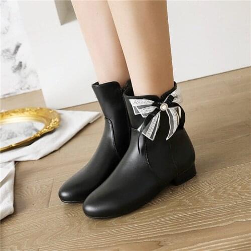 YQBTDL Size 4-11 Woman Ankle Boots Lace Pearl Shoes Women Sweet Fashion Lolita Style Short Botas Butterfly-knot Party Footwear