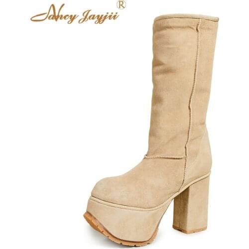 2021 Winter Apricot Women Boots Mid-calf Ladies Bootie Platform Block Heel Fleeces Flock Warm Super High Chunky Heels Size 45 41