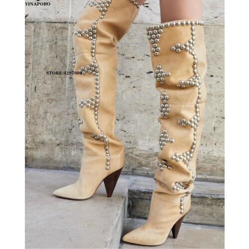 Rivet Pointed Toe Over The Knee High Boots Women Slip On Western Boots Chelsea Boots Woman Knight Boots Big Size 43Eu Long Boots