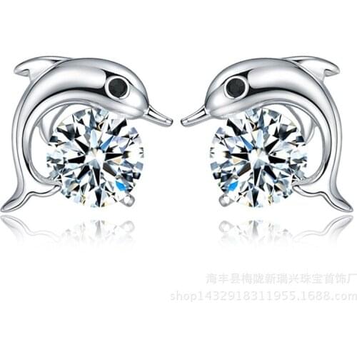 Delicate Bling Cubic Zirconia 925 Sterling Silver Stud Earrings For Women Aesthetic Edgy Dolphin Jewelry Gifts Girls Brincos