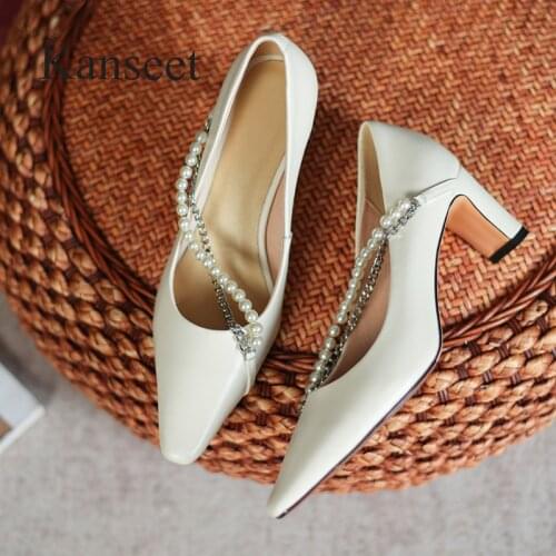 Kanseet Pearls String Bead 2021 Genuine Leather Shoes Chain Women Pumps Square Toe Spring Summer Party Prom Thick Heels Women