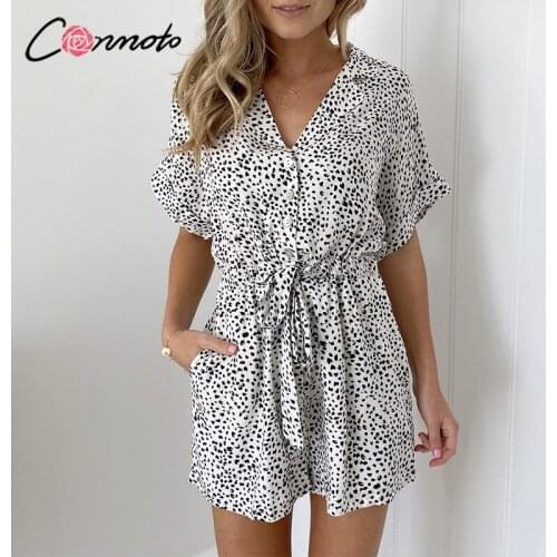 Conmoto Suit collar buttons sleeveless wide leg women rompers short jumpsuits Loose bat sleeve tie playsuit leopard short romper