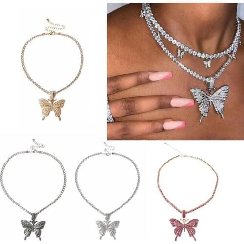 Women Butterfly Necklace Glittery Punk Hip Hop Electroplated Copper Neck Jewelry with Large Pendant Gift for Girls LXH