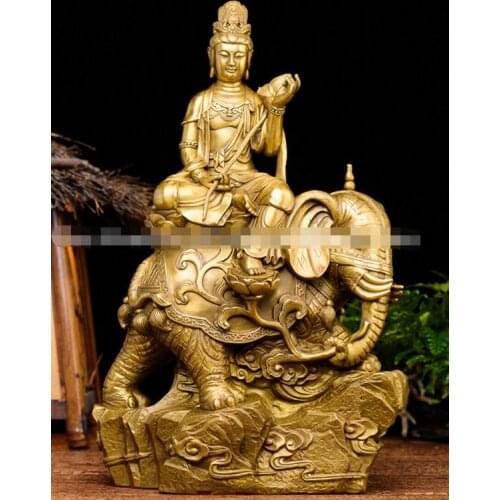 15" Collect Buddhism Art Statue Ride Elephant Bodhisattva Buddha Brass Sculpture