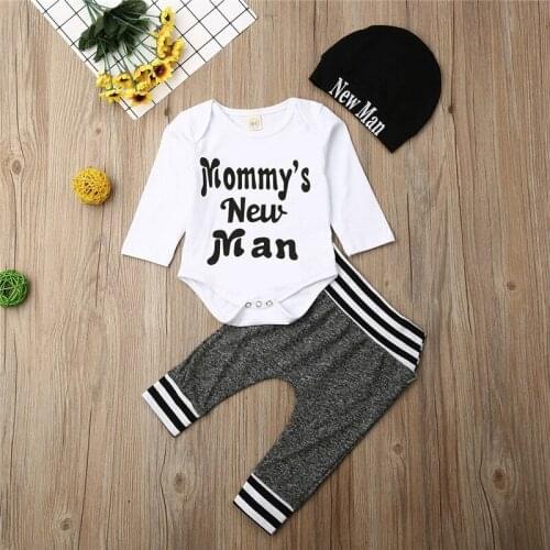 3Pcs Set Newborn Baby Boys Clothes Cotton Long Sleeve Letter Printed Romper Top Pants Hat Autumn Outfit Boys Clothes