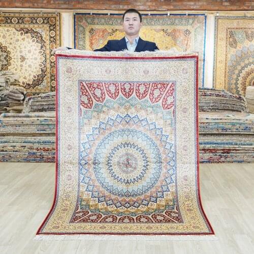 Yilong 4'x6' Red silk on silk carpet top class persian hand knotted kashmir silk rug (ZQG397)