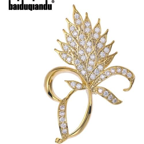 Baiduqiandu Cubic Zirconia Similiar Wheat Brooches Pins For Women Men Gold/Silver Plated 2-Color Flower Plant Brooches Jewelry