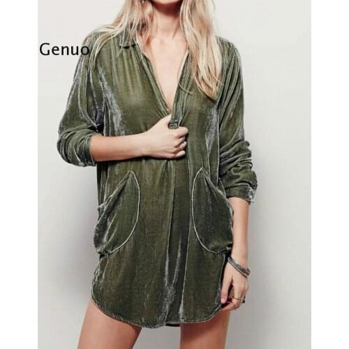 Elegant Velvet Soft A-Line Dress Women Fashion Loose Solid V-Neck Shirt Dress Ladies Pocket Winter Warm Pullover Mini Dresses
