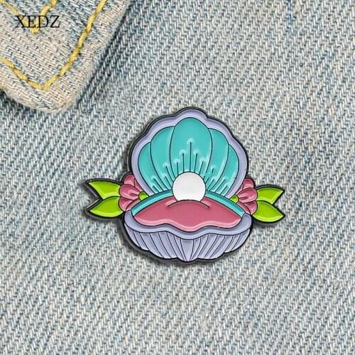 XEDZ Ocean pearl clam shell enamel brooch cartoon blue pearl treasure badge fashion costume jewelry gift