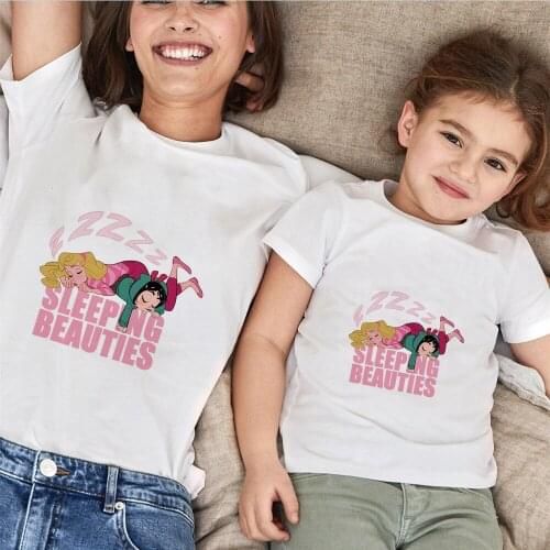 New Fashion Family Matching Clothes Summer Short Sleeve Sleeping Beauty Printed Mommy And Me Family Look T-shirts Tops