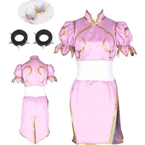 Pink Chun-Li Faux Leather Pink cheongsam Fighter Cosplay Costume Halloween
