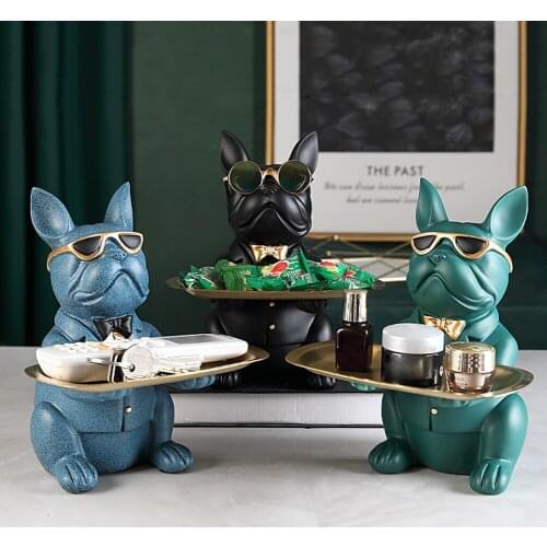 Fashion Cool Bulldog Sculpture Decorative Figurine Storage Tray Coin Bank Snack Holder Modern Art Statue Home Desktop Ornament