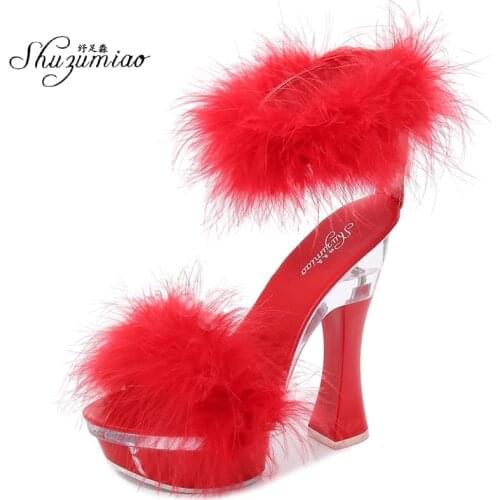 Shuzumiao 2020 New Summer Shoes Woman Fur Sandals Striptease Female Models Sandals Platform High-heeled 14cm Ladies Wedding Shoe