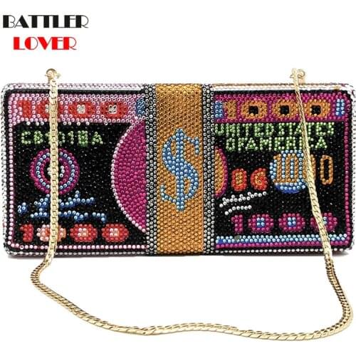 Luxury Brand Inlaid Diamond Evening Bag Dollars Design Women Wedding Zero Wallet Stack of Cash Funny Money Handbag