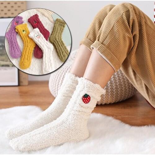 Cute Ladies Fruit Embroidery Socks Autumn Winter Coral Velvet Fuzzy Socks Warm Women White Black Thick Home Floor Slipper Sock