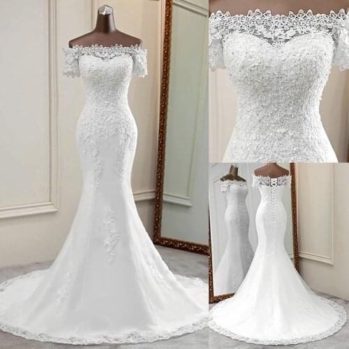 Boat neck wedding dress 2020 mermaid bride dress short sleeves vestidos de noiva lace custom made wedding gowns marriage