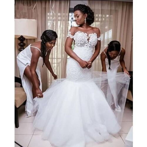 Cap Sleeves Mermaid Wedding Dresses Embroidery Applique Beaded Bridal Gowns 2023 Tiered Tulle African Wedding Bridal Gowns