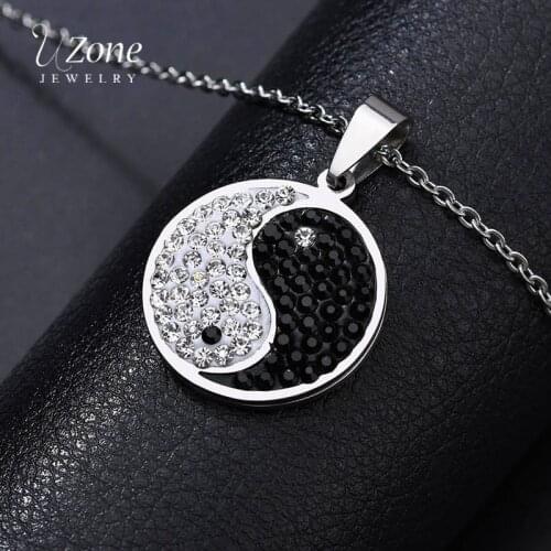 UZone Stainless Steel Rhinestone Yin Yang Tai Chi Pendant Necklace Crystal Coin Symbol Necklace for Women best friends Jewelry