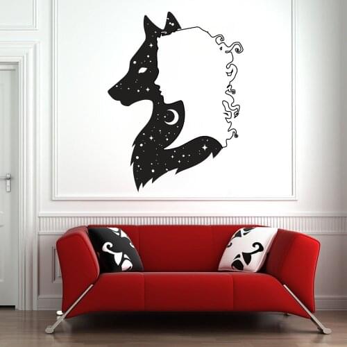 Wolf Girl Personality Wall Decals Art Wall Sticker For Living Room Mural Room Design Animal Nature Moon Wolves Tattoo B413