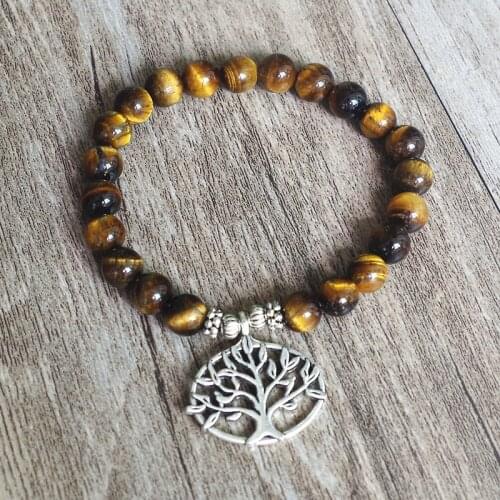 Handmade Jewelry Tiger Eye Stone Strand Bracelet Tree of Life Yoga Chakra Mala Bracelet Women Men Beaded Charm Bracelet