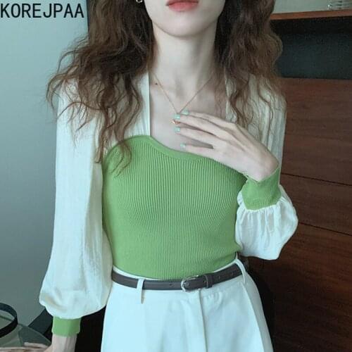 Korejpaa Women Shirt 2021 Korean Fashion Autumn Gentle Square Collar Contrast Stitching Slim Bubble Sleeve Knitted Blouses Top