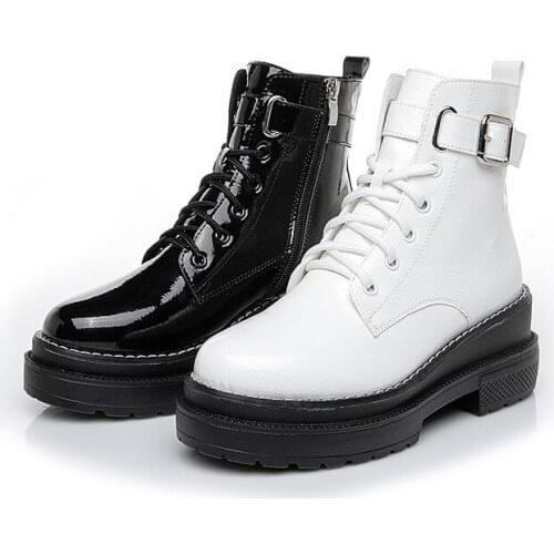 Snow Boots Women Patent Leather Buckle Black White Ankle Boots for Women Platform Heel Warm Plush Fur Winter Boots Women