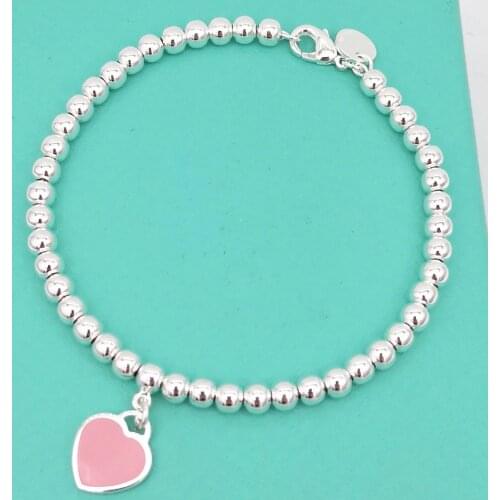 1: 1 sterling silver 925 classic fashion popular pink heart card 4mm round beads ladies bracelet jewelry holiday gift
