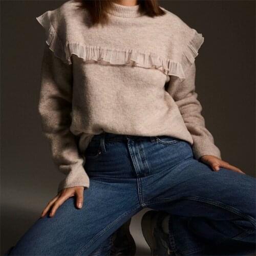 Women 2021 Fashion Patchwork Organza Ruffled Knitted Sweater Vintage O Neck Long Sleeve Female Pullovers Chic Tops
