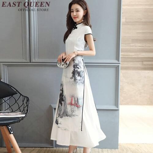 Chinese oriental dresses summer woman modern Chinese dress natural floral print long cheongsam elegant silky qipao AA2307 Q