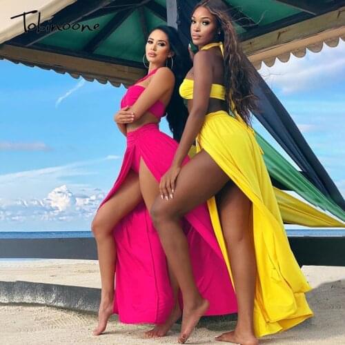 Tobinoone Sexy boho chiffon women dress Halter backless solid summer maxi dresses Casual high split holiday long dress vestidos