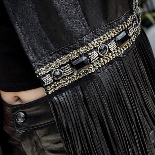 Spring New Women Long Tassels Sheepskin Vest Genuine Leather Sleeveless Jacket V Neck Crystal Diamonds Waistcoat Outerwear Vests