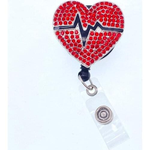 10pcs/lot Enamel ECG Stretchable ID Badge Holder Nurse Red Rhinestone Heart Badge Reel