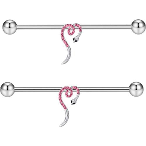 14G Stainless Steel Industrial Barbell Pink Snake Crystal Clear Ball Ear Cartilage Helix-Conch Earring Piercing